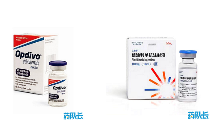 左：纳武单抗，美国百事美施贵宝，40 mg/4 ml；右：信迪利单抗，美国礼来，100 mg 